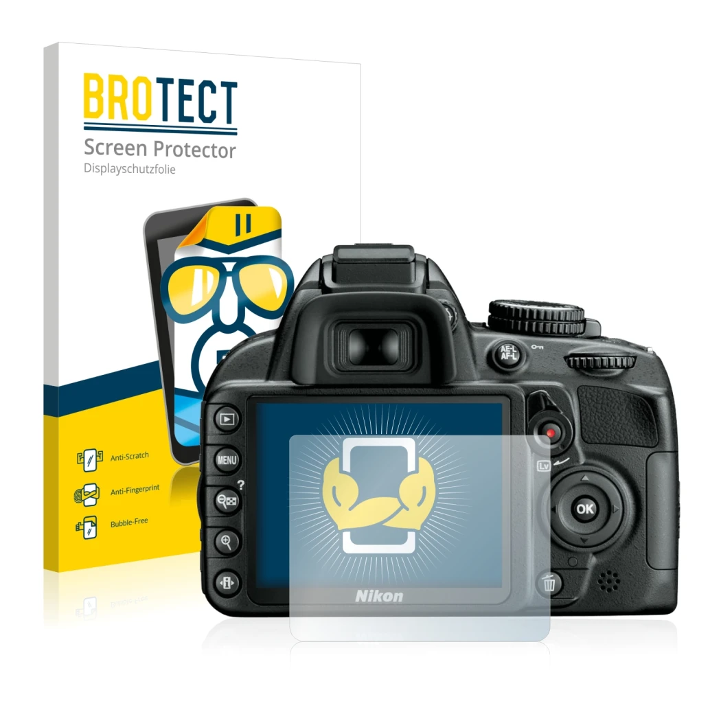 Parte frontale di una confezione del prodotto con il logo del marchio BROTECT. Accanto è raffigurato il dispositivo Nikon D310