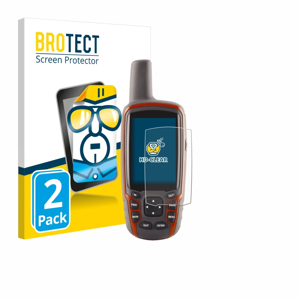 Parte frontale di una confezione del prodotto con il logo del marchio BROTECT. Accanto è raffigurato il dispositivo Garmin GPS