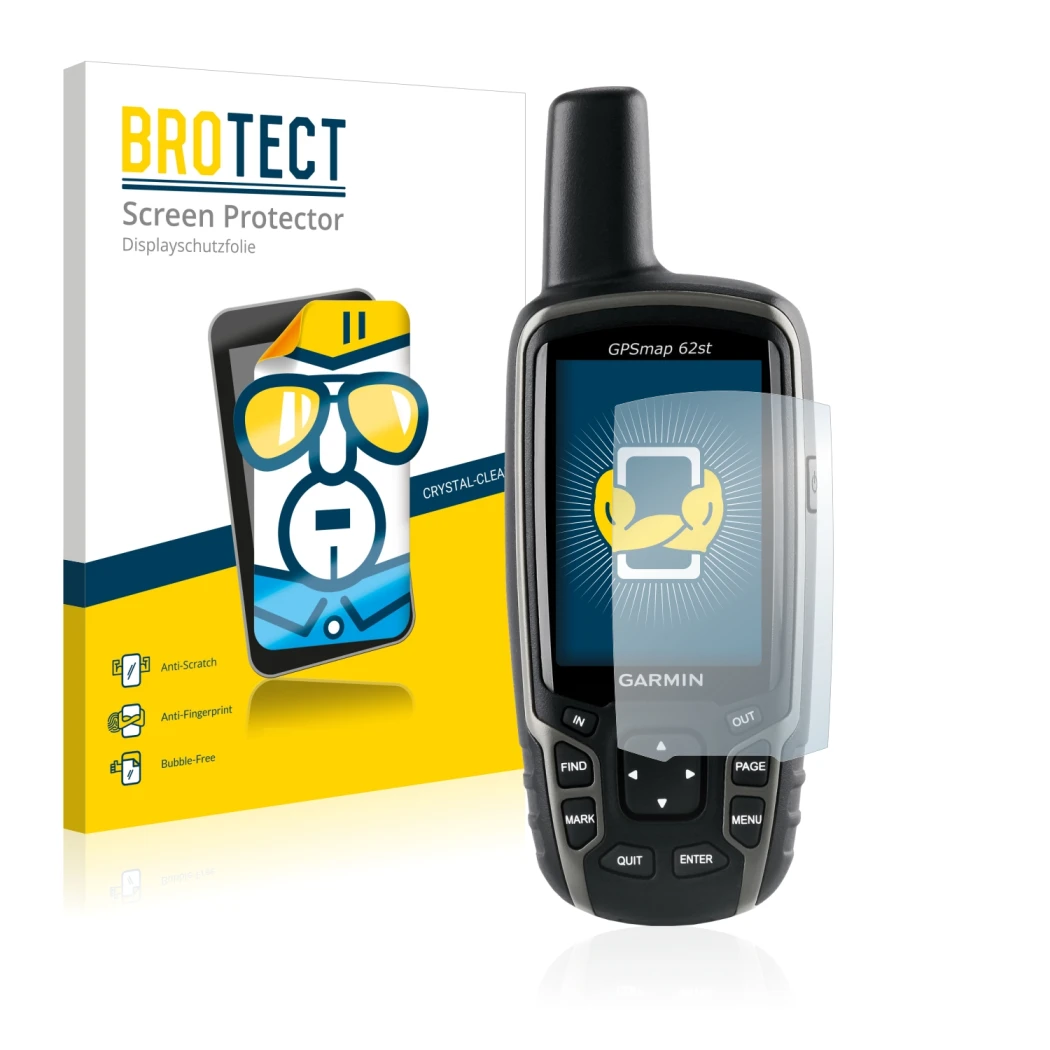 Parte frontale di una confezione del prodotto con il logo del marchio BROTECT. Accanto è raffigurato il dispositivo Garmin GPS