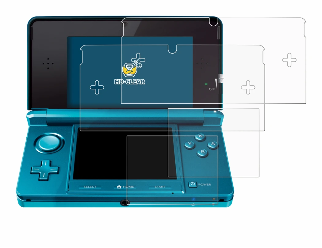 Immagine del dispositivo Nintendo 3DS con un'ampia varietà di protezioni per lo schermo.