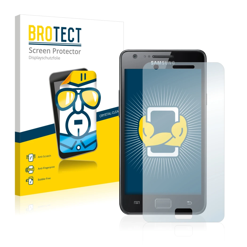 Parte frontale di una confezione del prodotto con il logo del marchio BROTECT. Accanto è raffigurato il dispositivo Samsung Ga