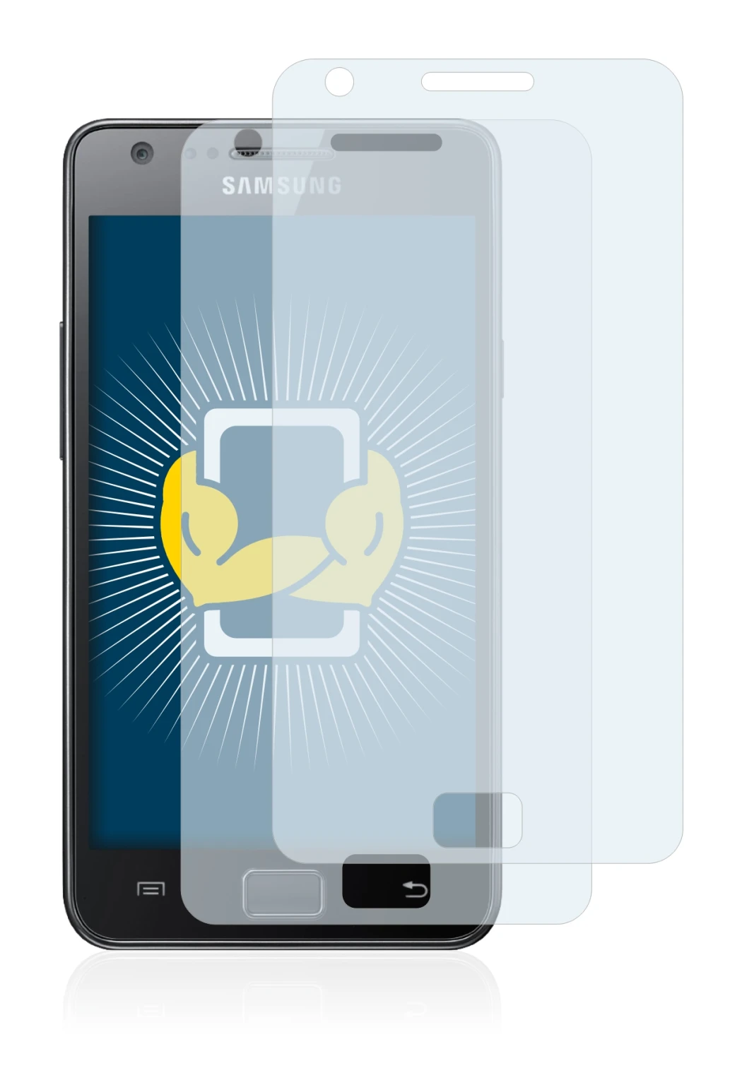 Immagine del dispositivo Samsung Galaxy S2 con un'ampia varietà di protezioni per lo schermo.
