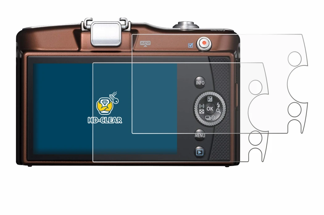 Immagine del dispositivo Olympus PEN E-PM1 con un'ampia varietà di protezioni per lo schermo.
