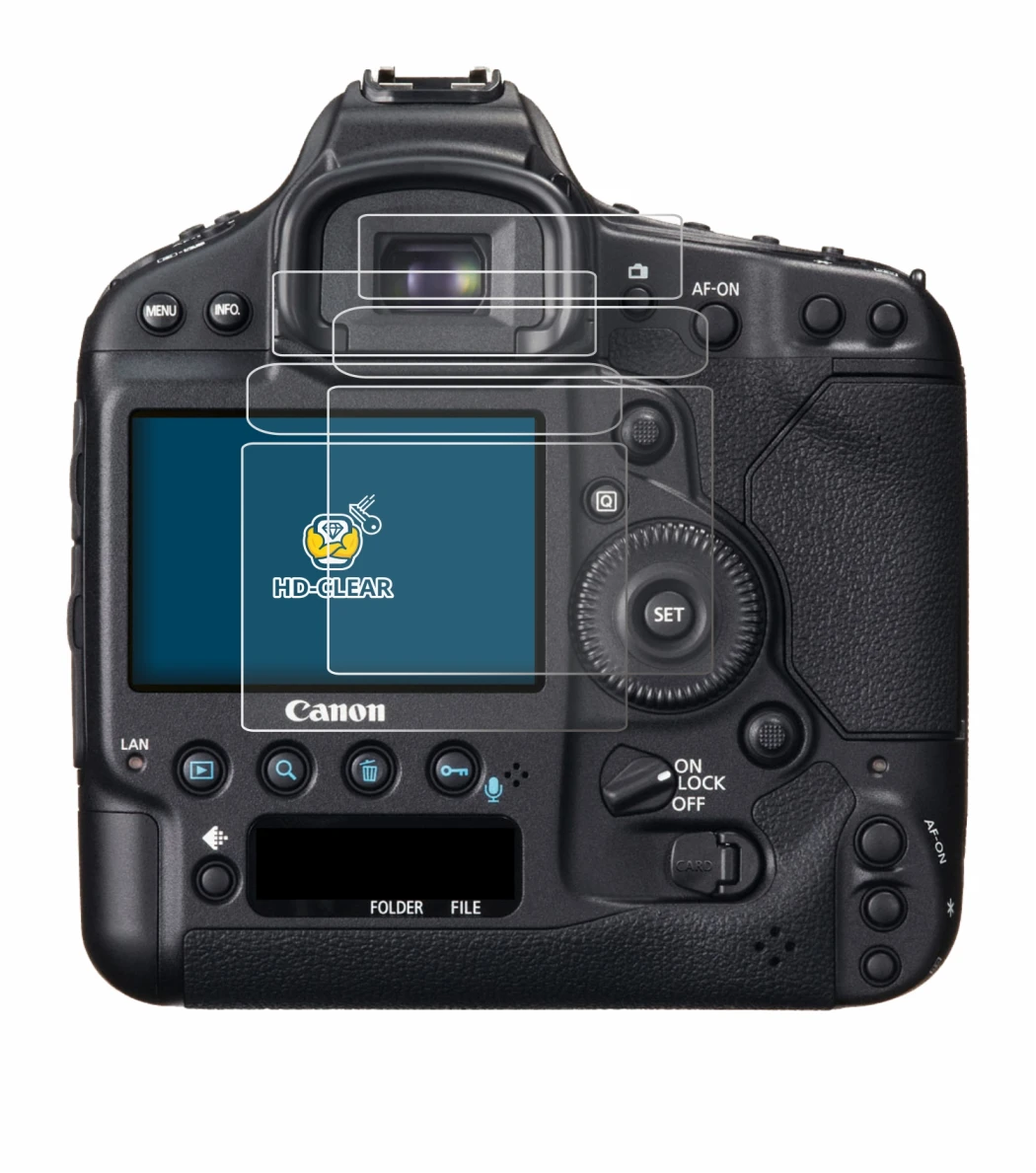 Immagine del dispositivo Canon EOS 1D X con un'ampia varietà di protezioni per lo schermo.
