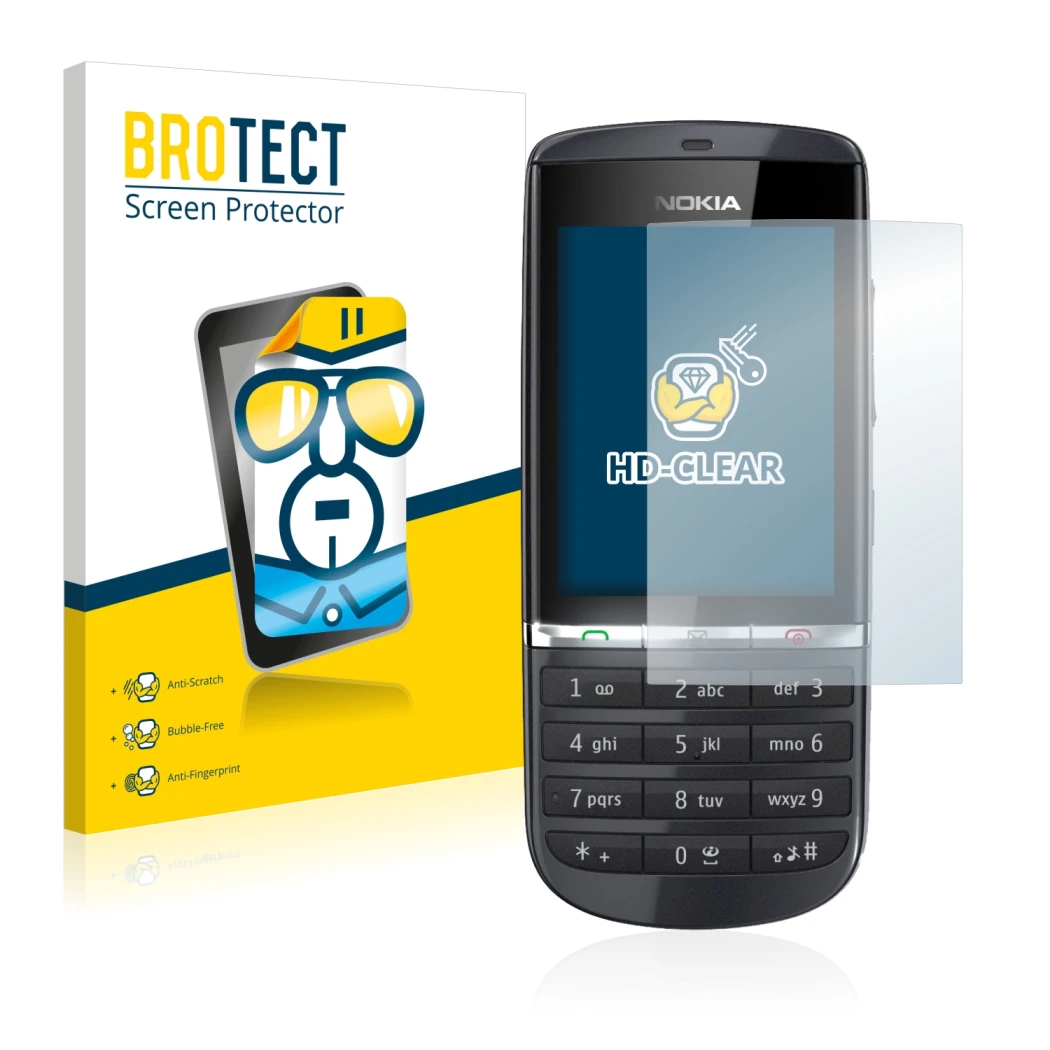 Parte frontale di una confezione del prodotto con il logo del marchio BROTECT. Accanto è raffigurato il dispositivo Nokia Asha