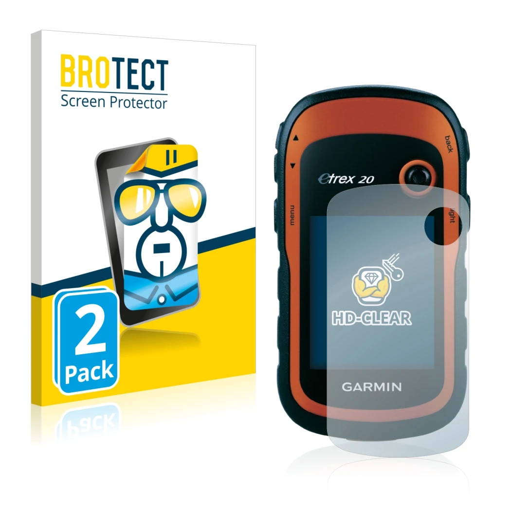 Parte frontale di una confezione del prodotto con il logo del marchio BROTECT. Accanto è raffigurato il dispositivo Garmin eTr