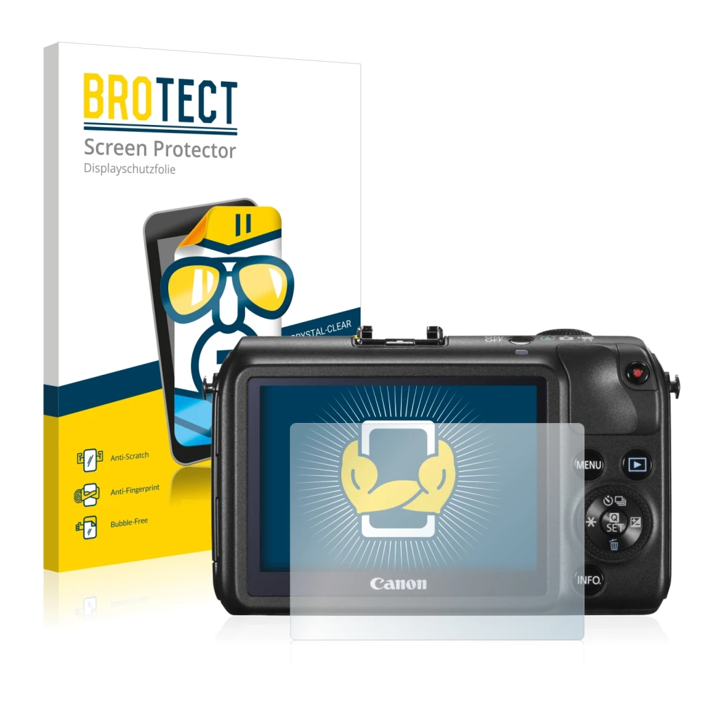 Parte frontale di una confezione del prodotto con il logo del marchio BROTECT. Accanto è raffigurato il dispositivo Canon EOS 