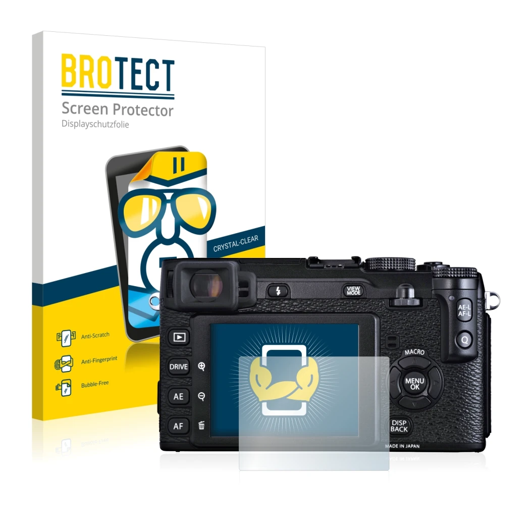 Parte frontale di una confezione del prodotto con il logo del marchio BROTECT. Accanto è raffigurato il dispositivo Fujifilm X