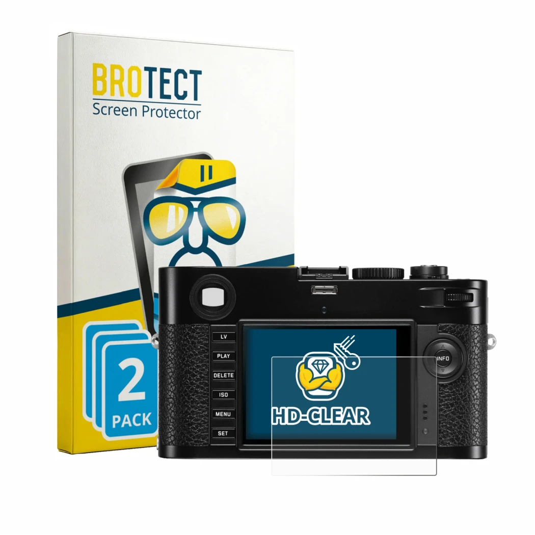 Parte frontale di una confezione del prodotto con il logo del marchio BROTECT. Accanto è raffigurato il dispositivo Leica M (T