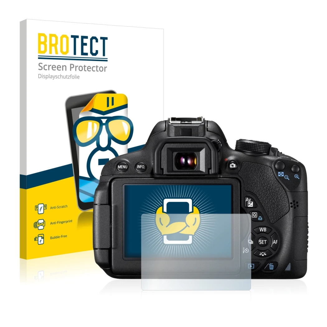 Parte frontale di una confezione del prodotto con il logo del marchio BROTECT. Accanto è raffigurato il dispositivo Canon EOS