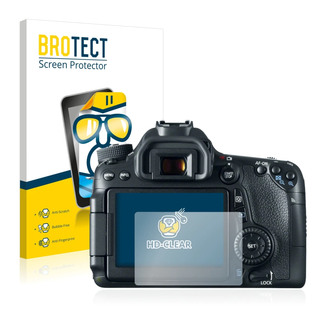 Parte frontale di una confezione del prodotto con il logo del marchio BROTECT. Accanto è raffigurato il dispositivo Canon EOS