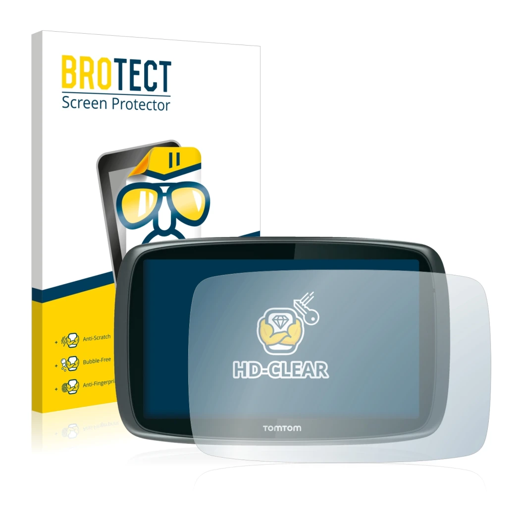 Parte frontale di una confezione del prodotto con il logo del marchio BROTECT. Accanto è raffigurato il dispositivo TomTom GO