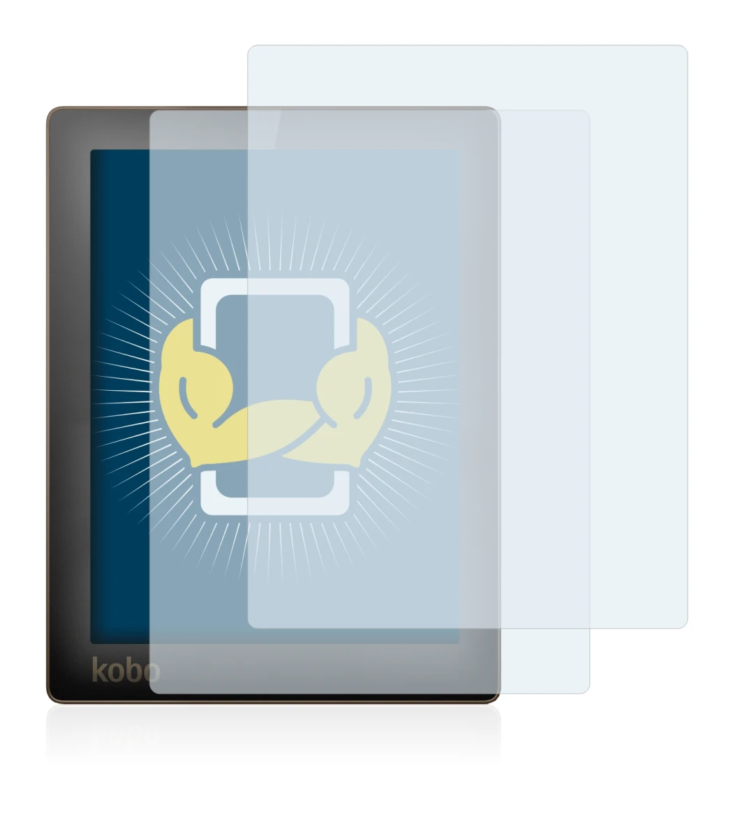 Immagine del dispositivo Kobo Aura con un'ampia varietà di protezioni per lo schermo.