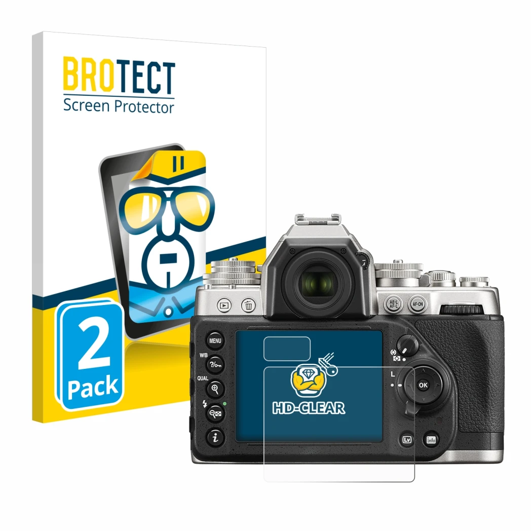 Parte frontale di una confezione del prodotto con il logo del marchio BROTECT. Accanto è raffigurato il dispositivo Nikon Df c