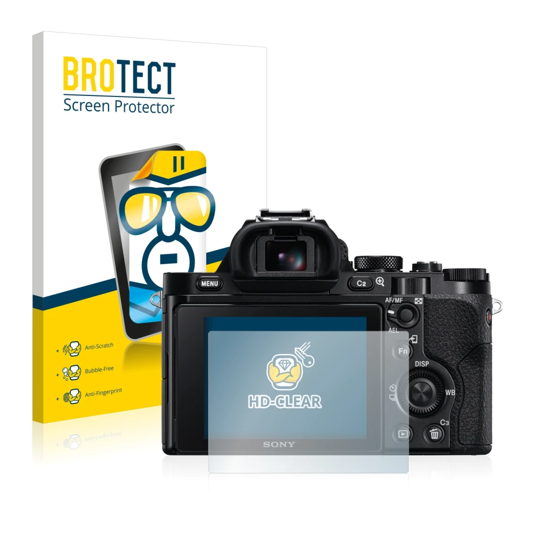 Parte frontale di una confezione del prodotto con il logo del marchio BROTECT. Accanto è raffigurato il dispositivo Sony Alpha