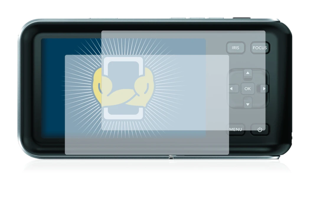 Immagine del dispositivo Blackmagic Pocket Cinema Camera con un'ampia varietà di protezioni per lo schermo.