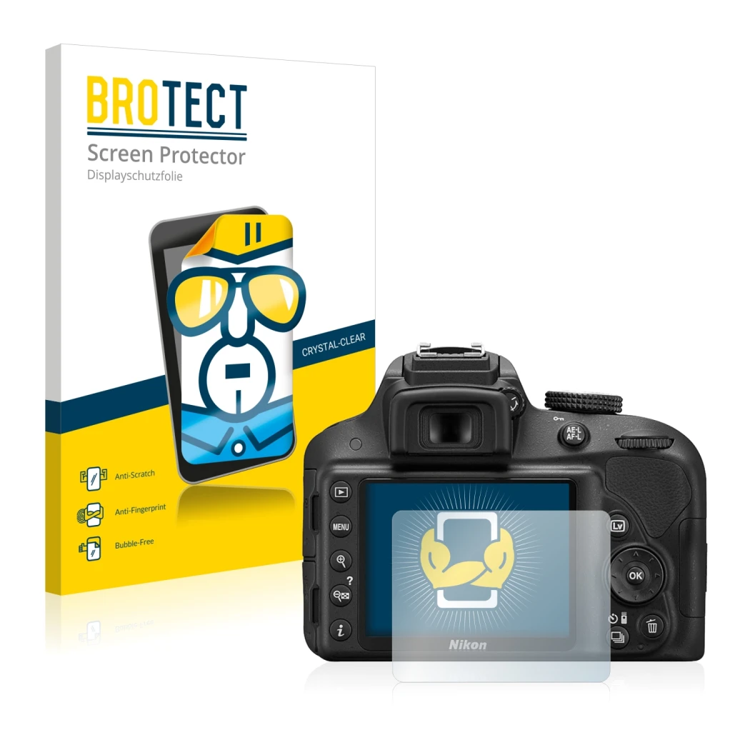 Parte frontale di una confezione del prodotto con il logo del marchio BROTECT. Accanto è raffigurato il dispositivo Nikon D330