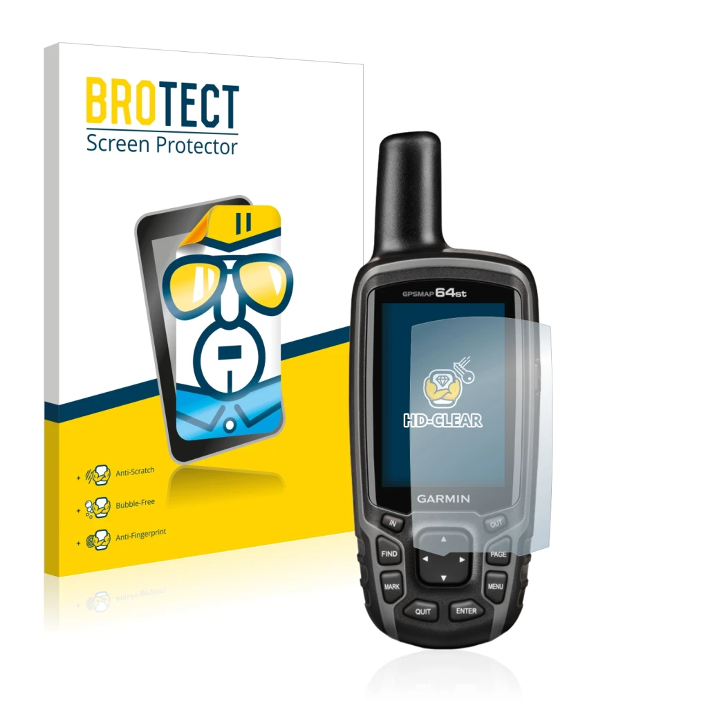 Parte frontale di una confezione del prodotto con il logo del marchio BROTECT. Accanto è raffigurato il dispositivo Garmin GPS
