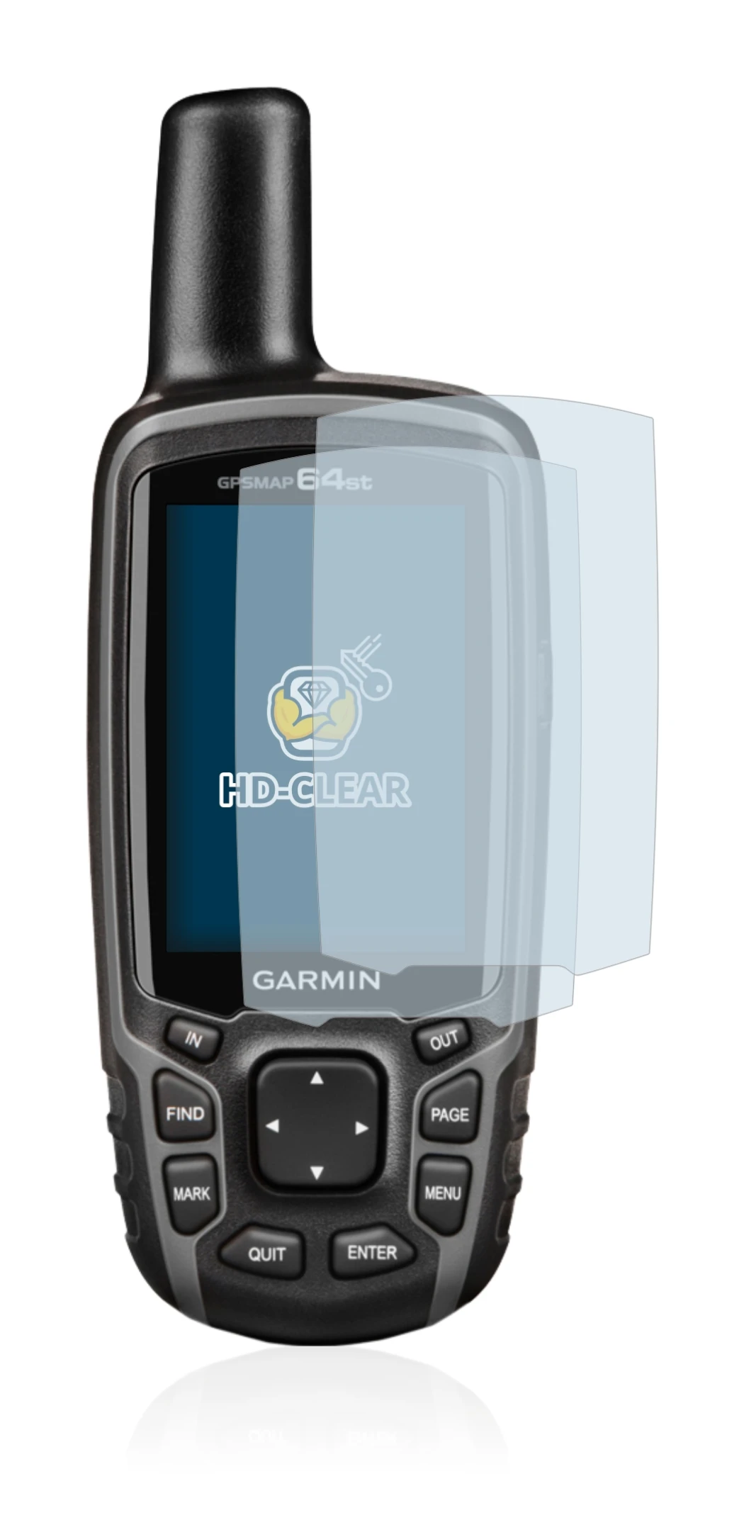 Immagine del dispositivo Garmin GPSMAP 64st con un'ampia varietà di protezioni per lo schermo.
