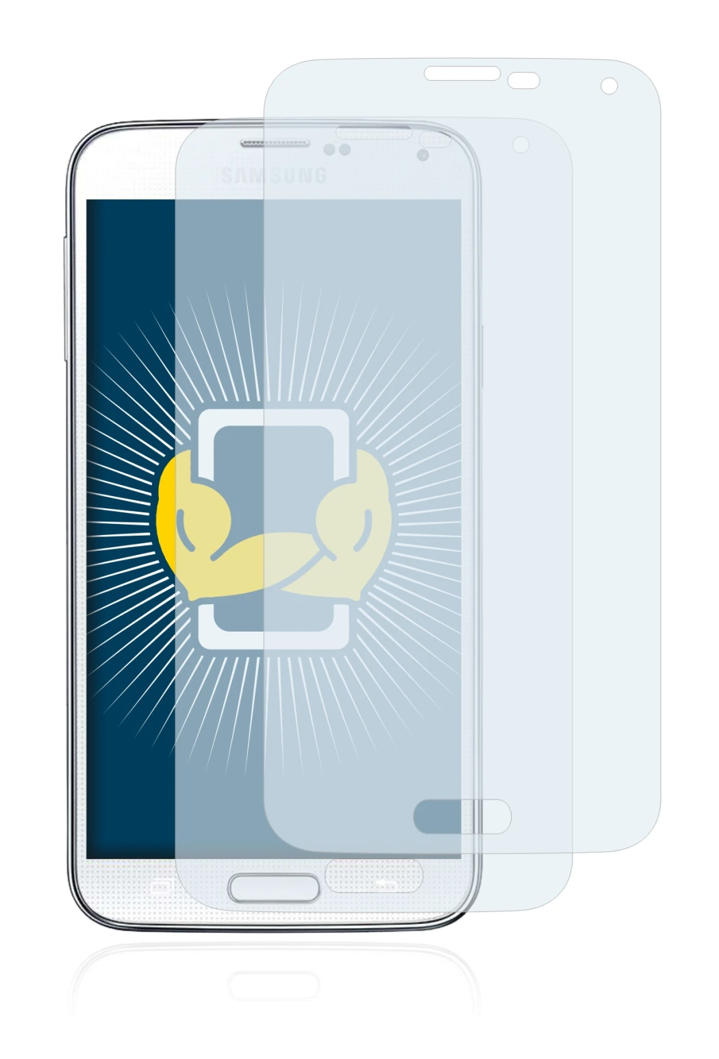 Immagine del dispositivo Samsung Galaxy S5 con un'ampia varietà di protezioni per lo schermo.