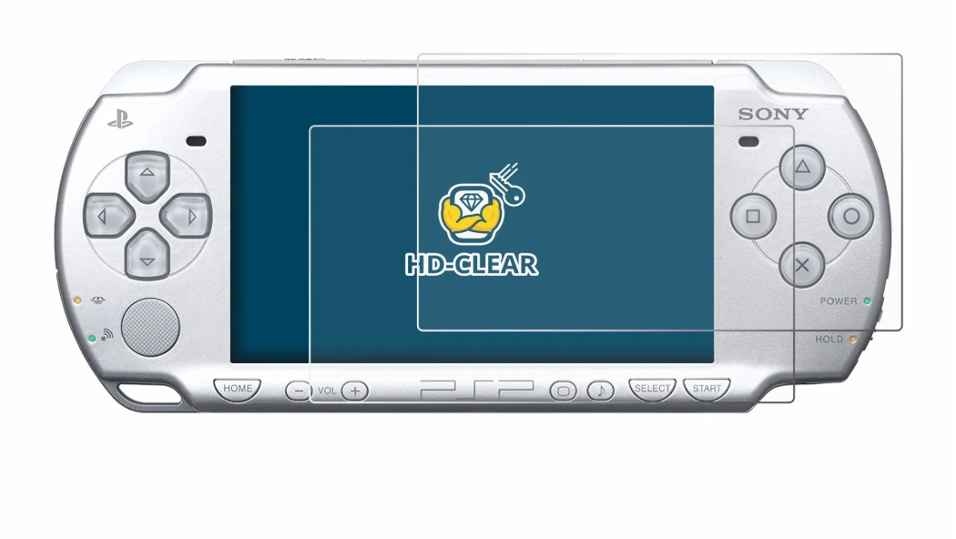 Immagine del dispositivo Sony PSP 2004 con un'ampia varietà di protezioni per lo schermo.