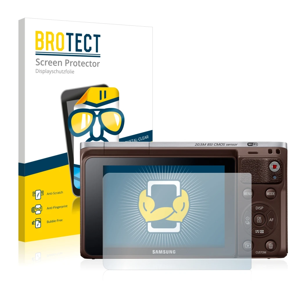 Parte frontale di una confezione del prodotto con il logo del marchio BROTECT. Accanto è raffigurato il dispositivo Samsung NX