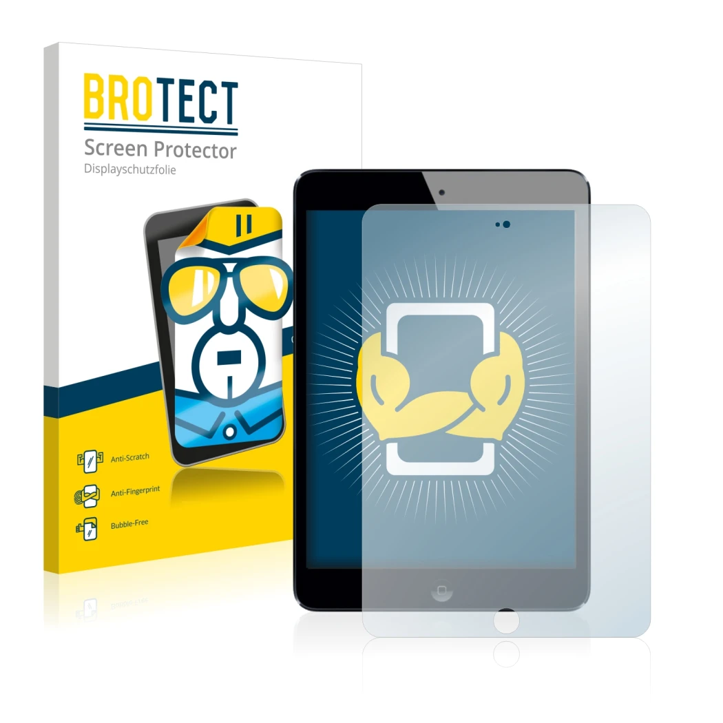 Parte frontale di una confezione del prodotto con il logo del marchio BROTECT. Accanto è raffigurato il dispositivo Apple iPad