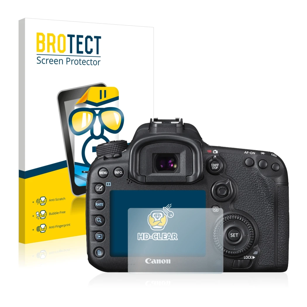 Parte frontale di una confezione del prodotto con il logo del marchio BROTECT. Accanto è raffigurato il dispositivo Canon EOS