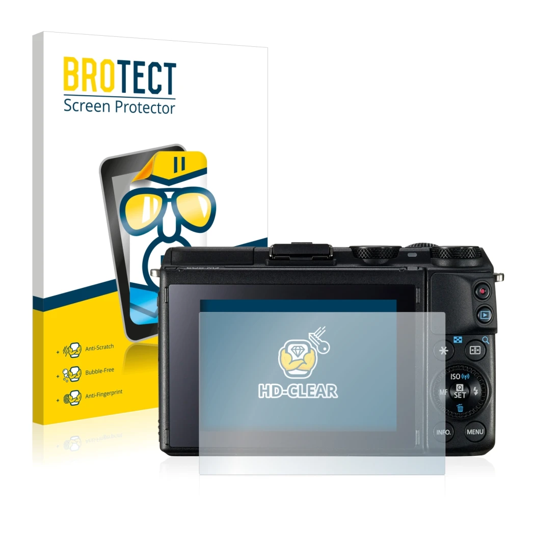 Parte frontale di una confezione del prodotto con il logo del marchio BROTECT. Accanto è raffigurato il dispositivo Canon EOS