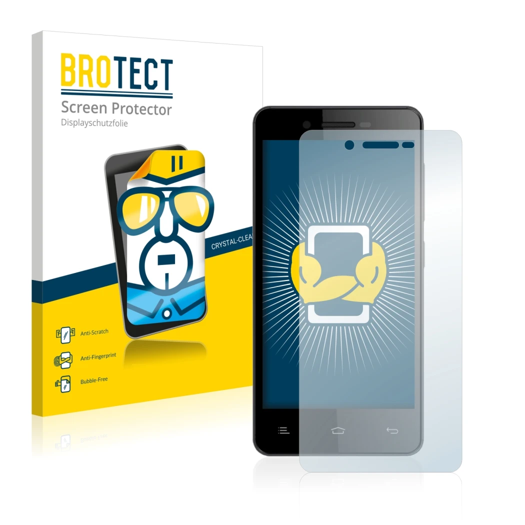 Parte frontale di una confezione del prodotto con il logo del marchio BROTECT. Accanto è raffigurato il dispositivo Gionee V18