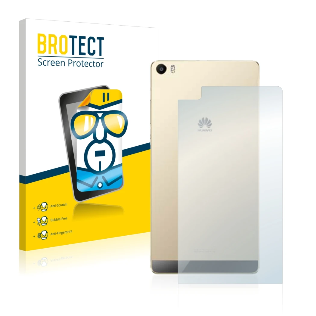 Parte frontale di una confezione del prodotto con il logo del marchio BROTECT. Accanto è raffigurato il dispositivo Huawei P8