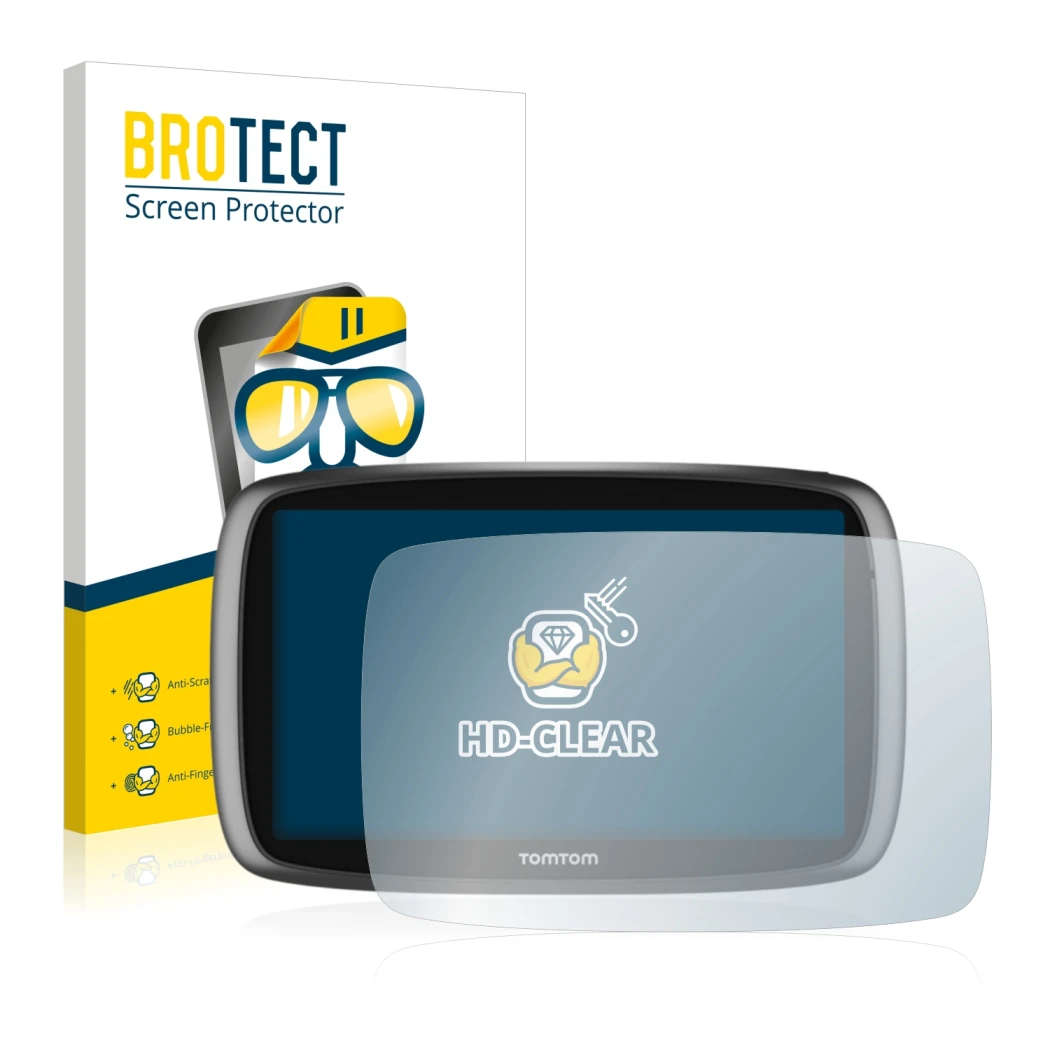 Parte frontale di una confezione del prodotto con il logo del marchio BROTECT. Accanto è raffigurato il dispositivo TomTom GO