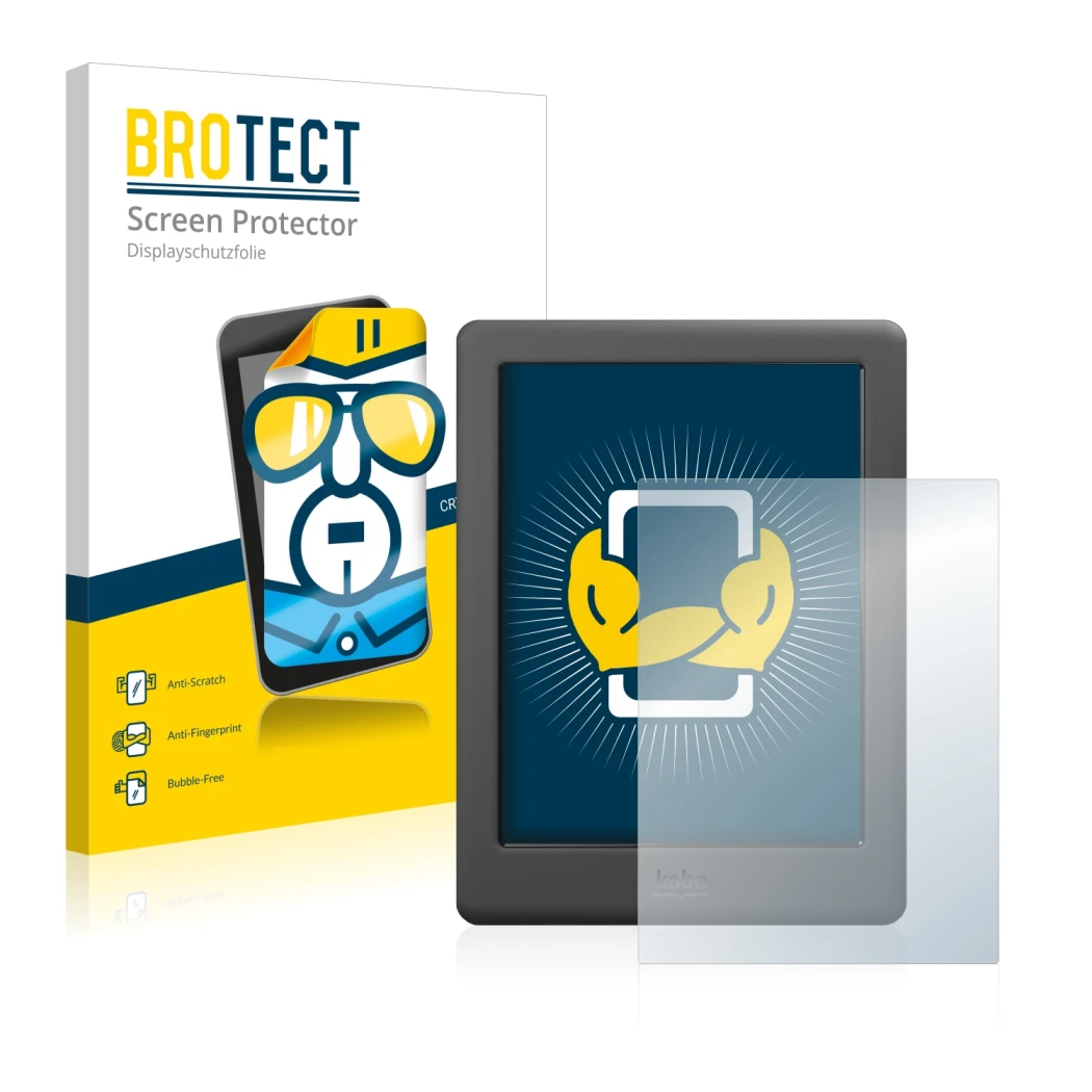 Parte frontale di una confezione del prodotto con il logo del marchio BROTECT. Accanto è raffigurato il dispositivo Kobo Glo H