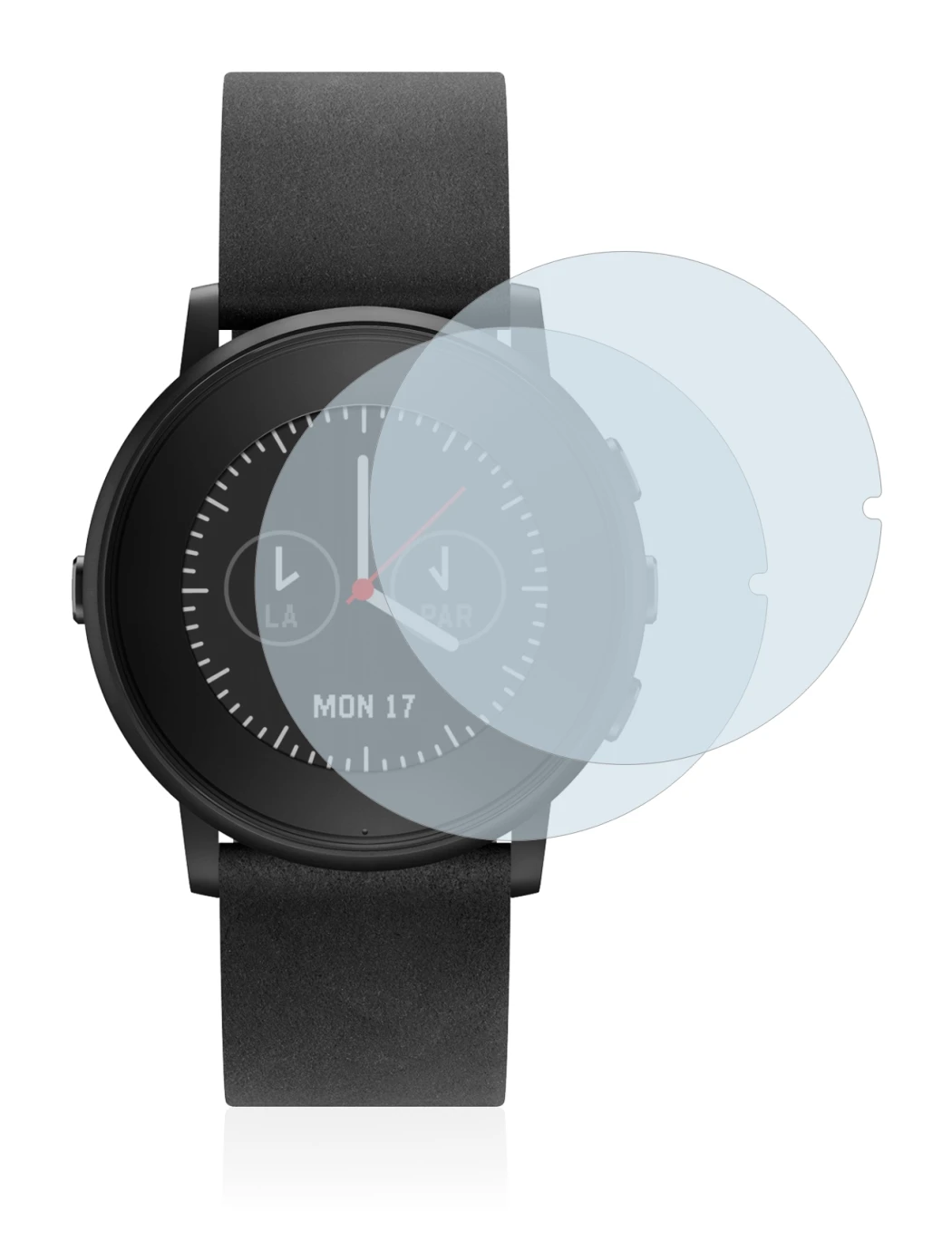 Immagine del dispositivo Pebble Time Round con un'ampia varietà di protezioni per lo schermo.
