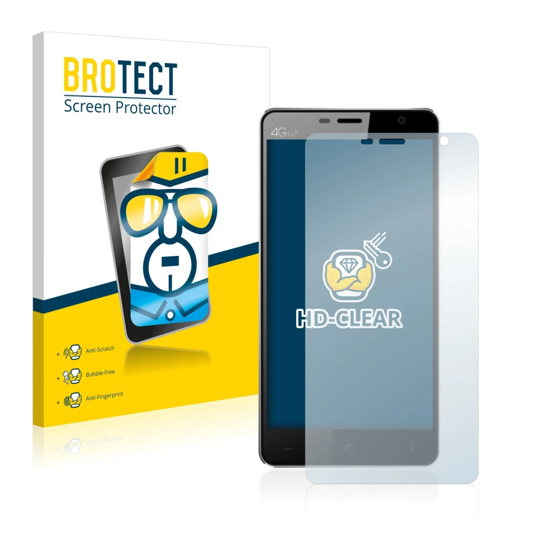 Parte frontale di una confezione del prodotto con il logo del marchio BROTECT. Accanto è raffigurato il dispositivo Leagoo Eli