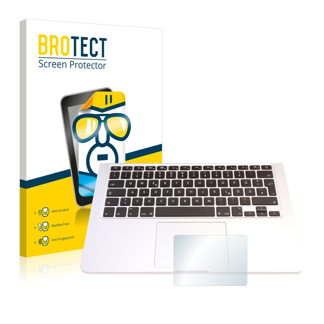Parte frontale di una confezione del prodotto con il logo del marchio BROTECT. Accanto è raffigurato il dispositivo Apple MacB