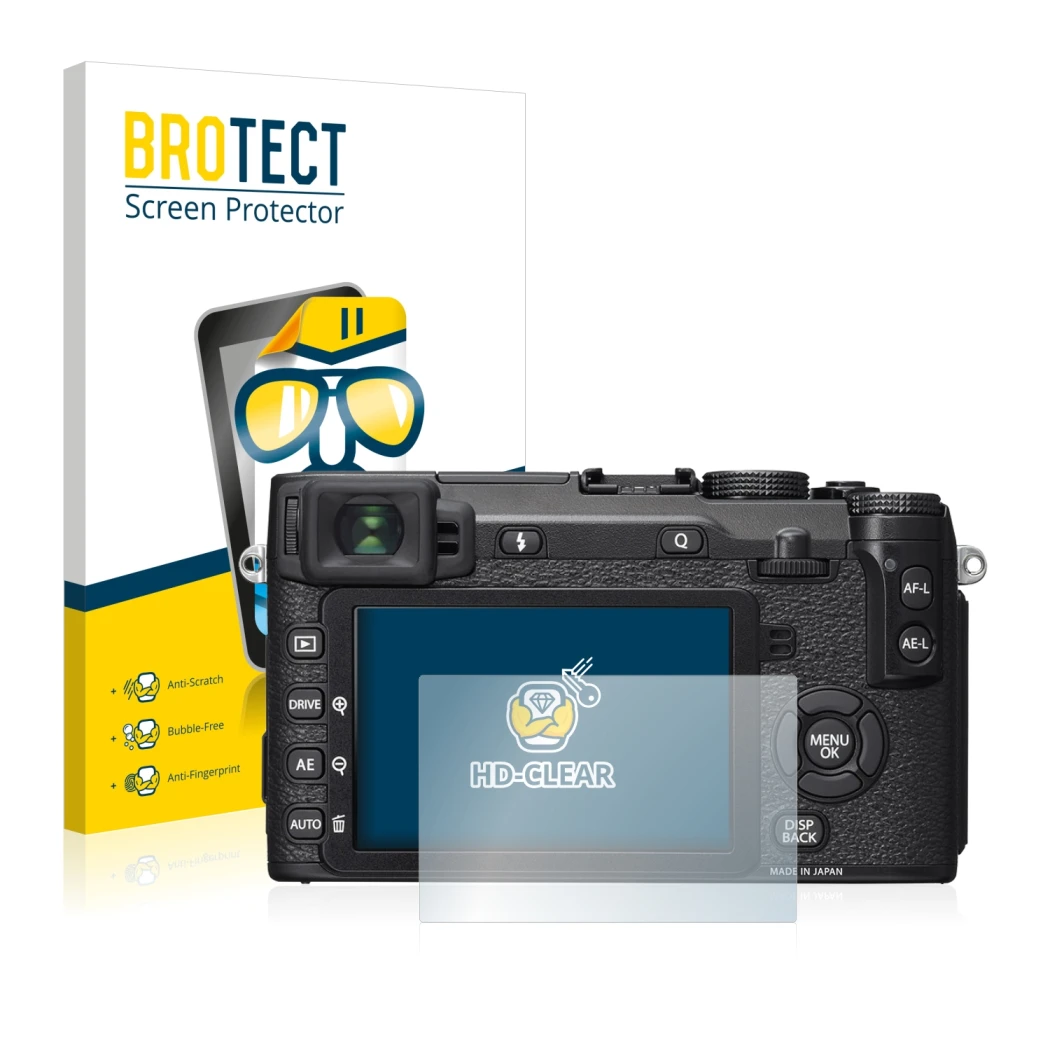 Parte frontale di una confezione del prodotto con il logo del marchio BROTECT. Accanto è raffigurato il dispositivo Fujifilm X