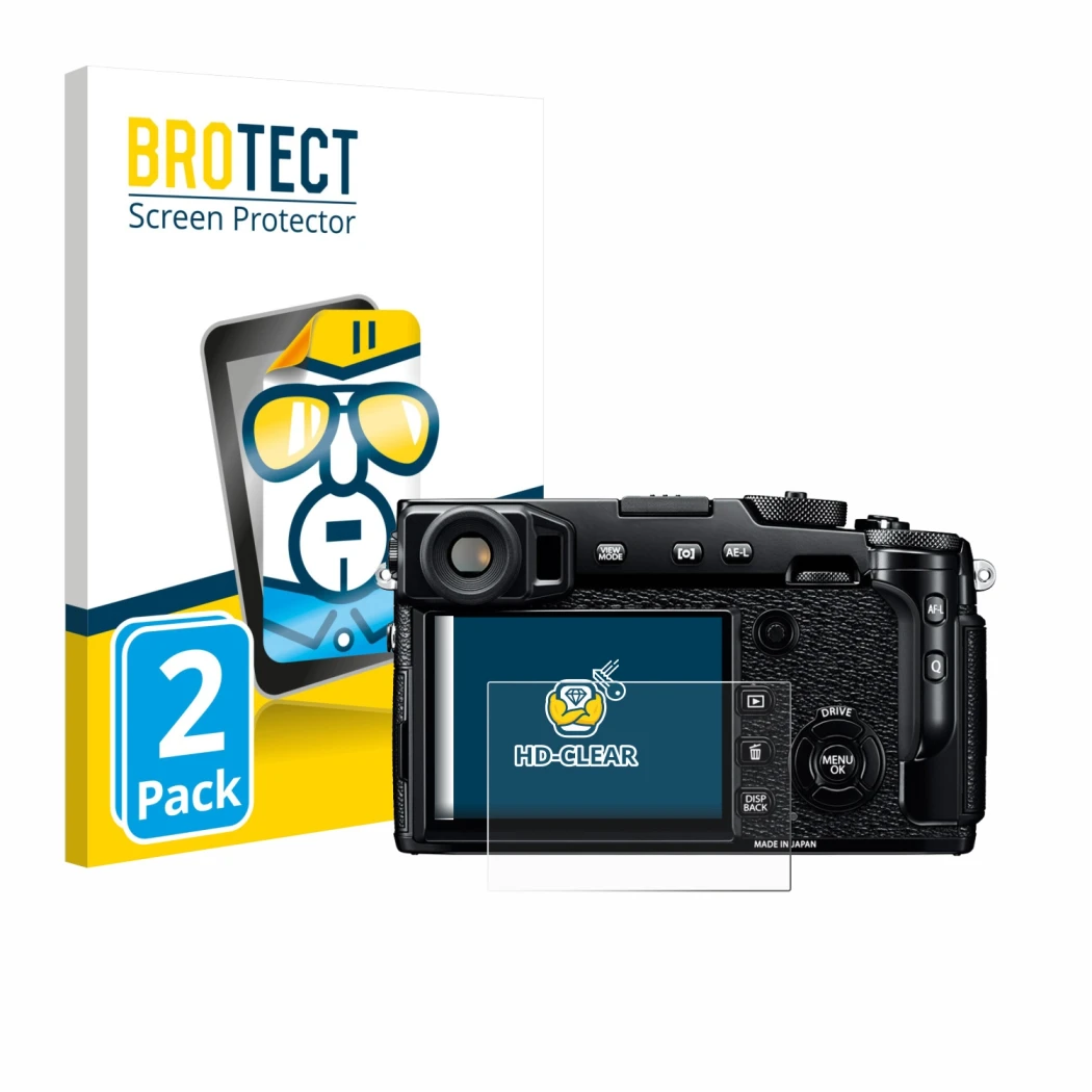 Parte frontale di una confezione del prodotto con il logo del marchio BROTECT. Accanto è raffigurato il dispositivo Fujifilm X