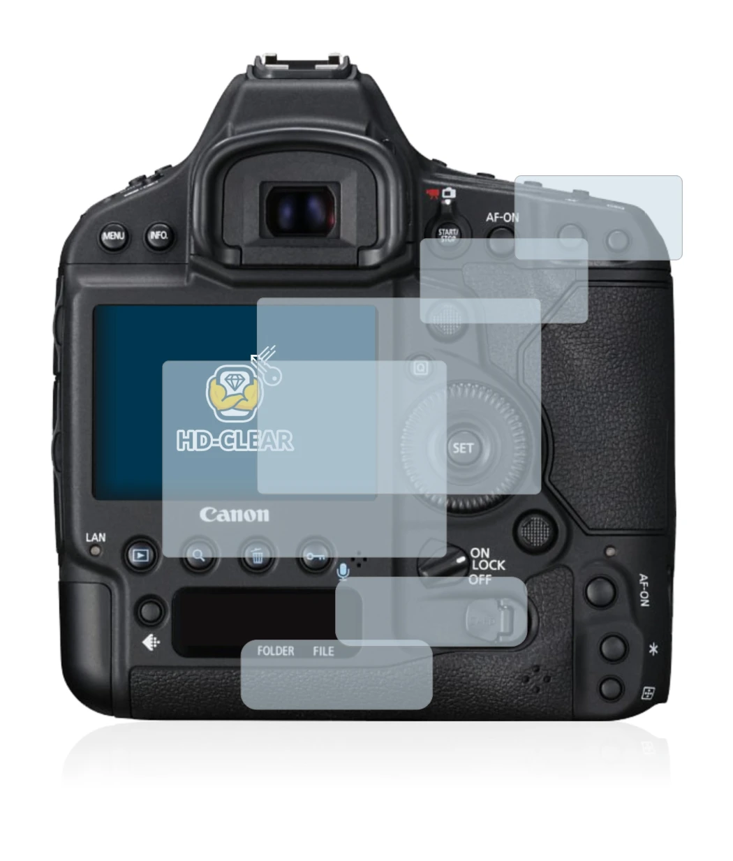 Immagine del dispositivo Canon EOS 1D X Mark II con un'ampia varietà di protezioni per lo schermo.