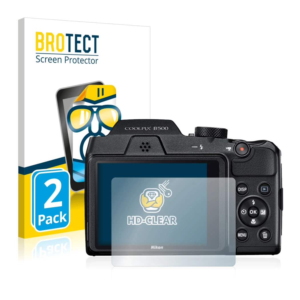 Parte frontale di una confezione del prodotto con il logo del marchio BROTECT. Accanto è raffigurato il dispositivo Nikon Cool