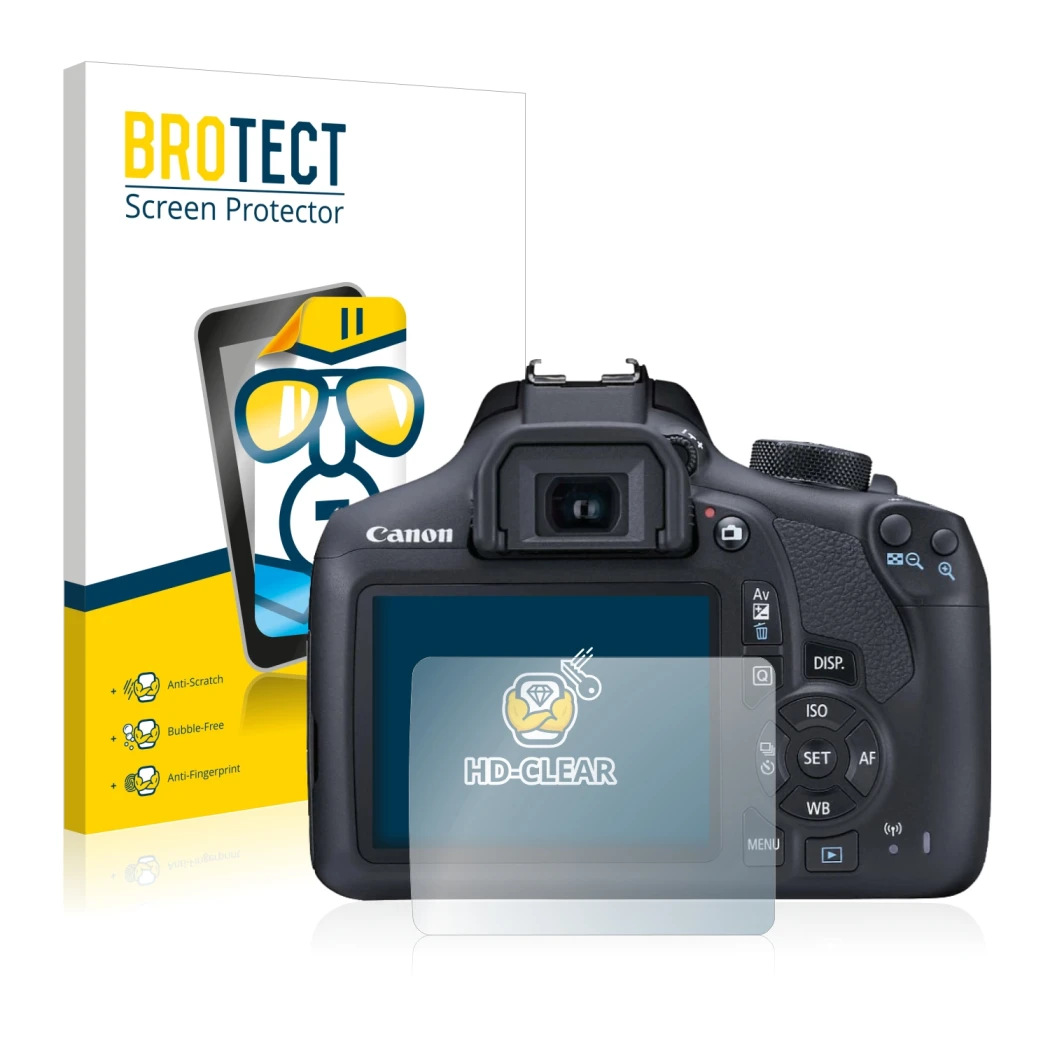 Parte frontale di una confezione del prodotto con il logo del marchio BROTECT. Accanto è raffigurato il dispositivo Canon EOS 