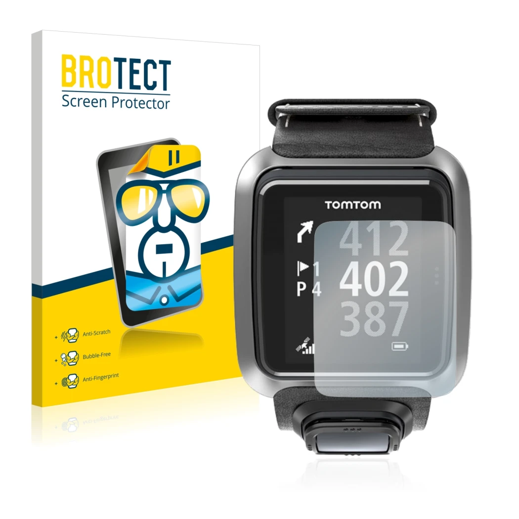 Parte frontale di una confezione del prodotto con il logo del marchio BROTECT. Accanto è raffigurato il dispositivo TomTom Gol