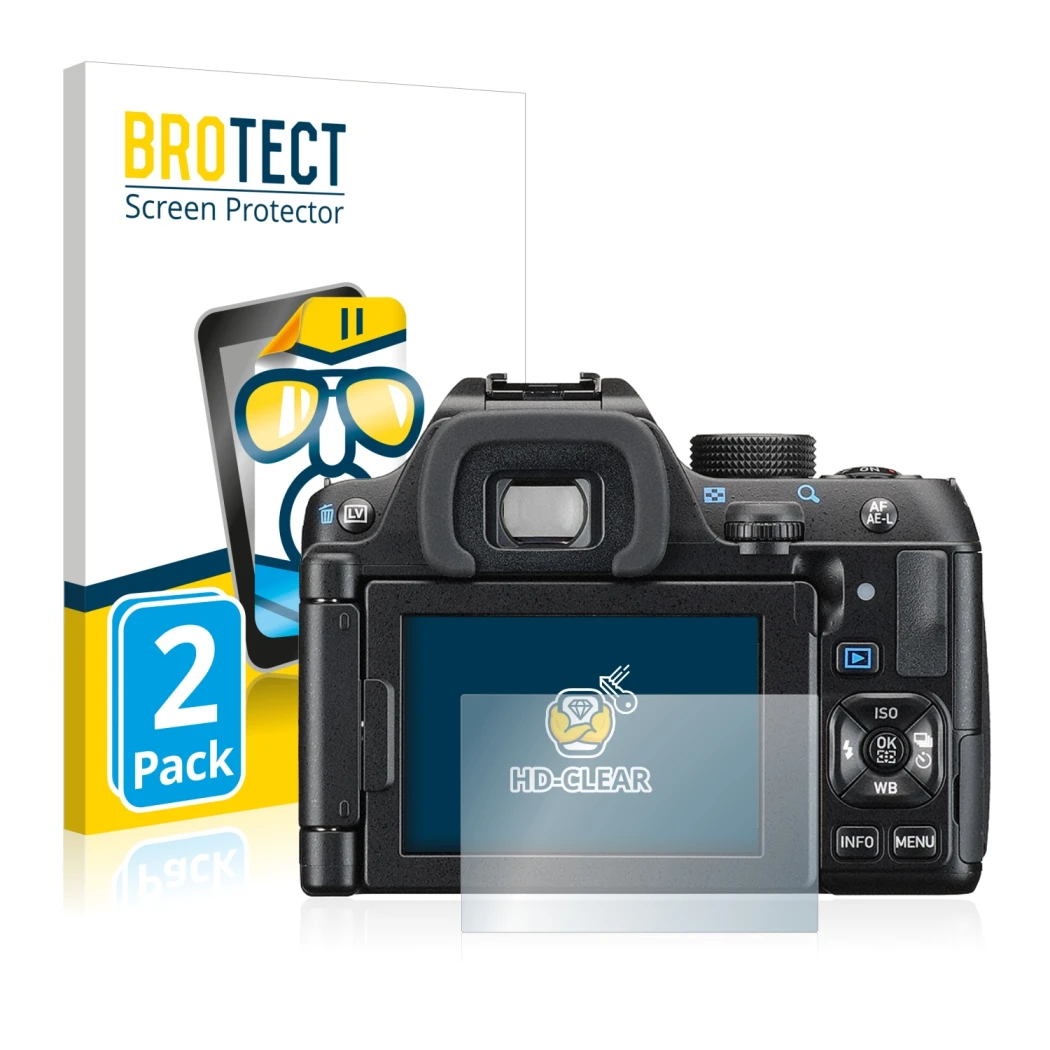 Parte frontale di una confezione del prodotto con il logo del marchio BROTECT. Accanto è raffigurato il dispositivo Pentax K-7