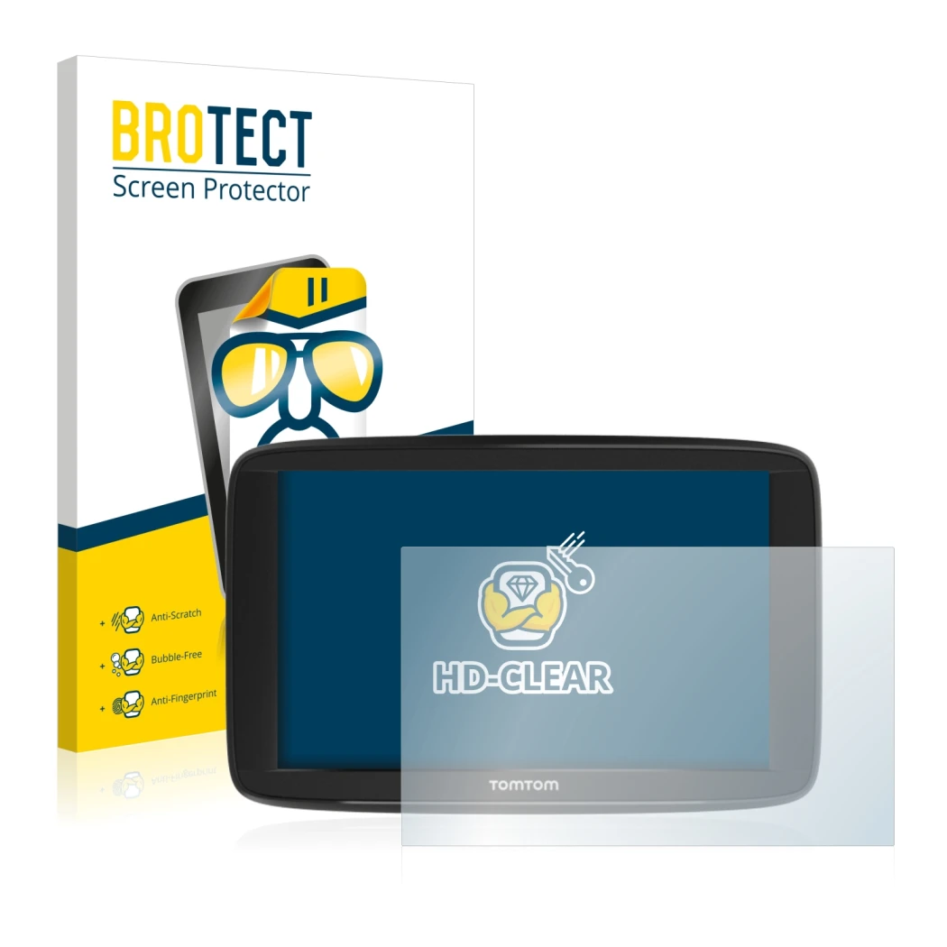 Parte frontale di una confezione del prodotto con il logo del marchio BROTECT. Accanto è raffigurato il dispositivo TomTom Sta