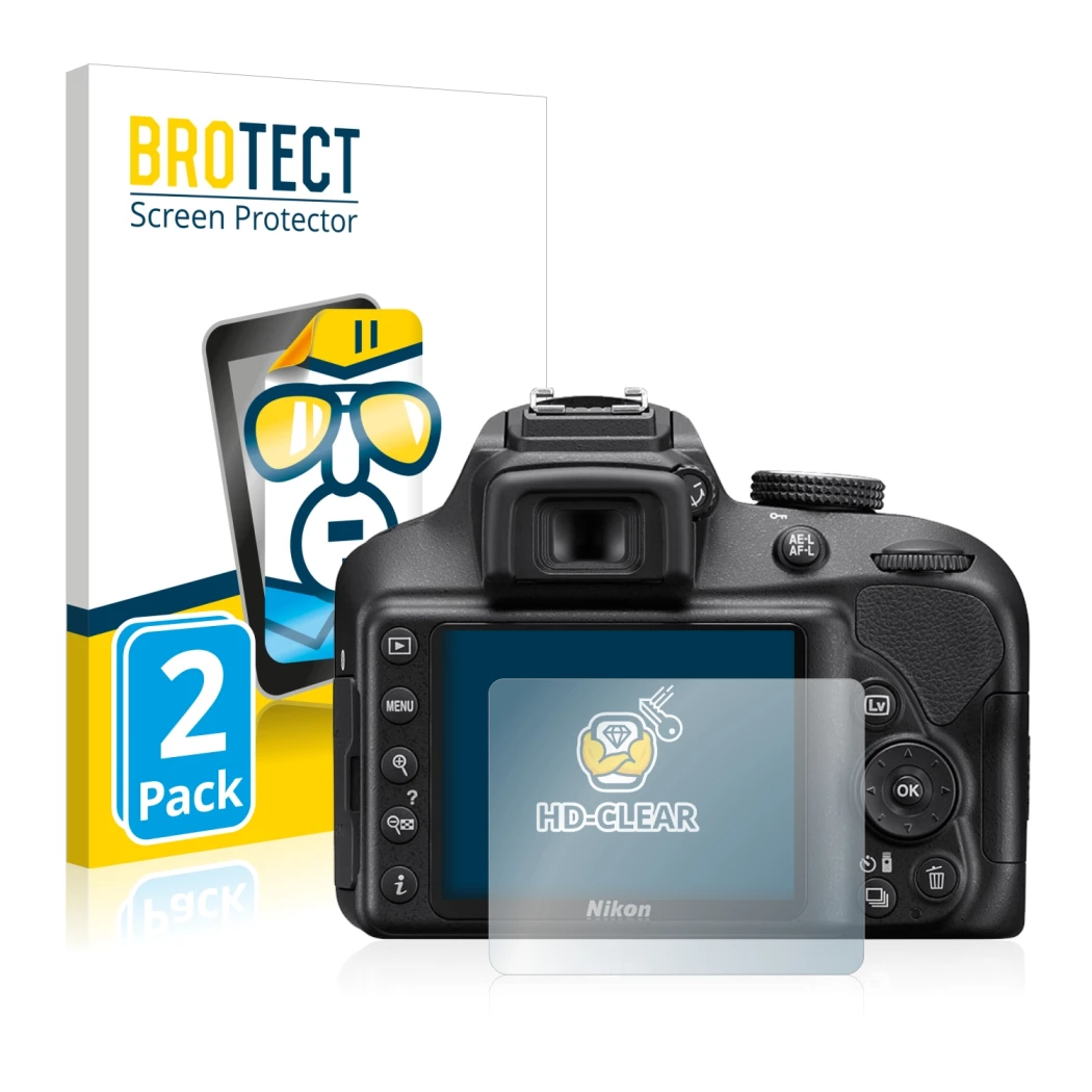 Parte frontale di una confezione del prodotto con il logo del marchio BROTECT. Accanto è raffigurato il dispositivo Nikon D340