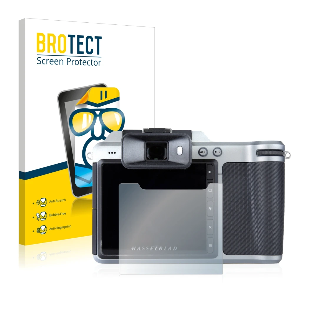 Parte frontale di una confezione del prodotto con il logo del marchio BROTECT. Accanto è raffigurato il dispositivo Hasselblad