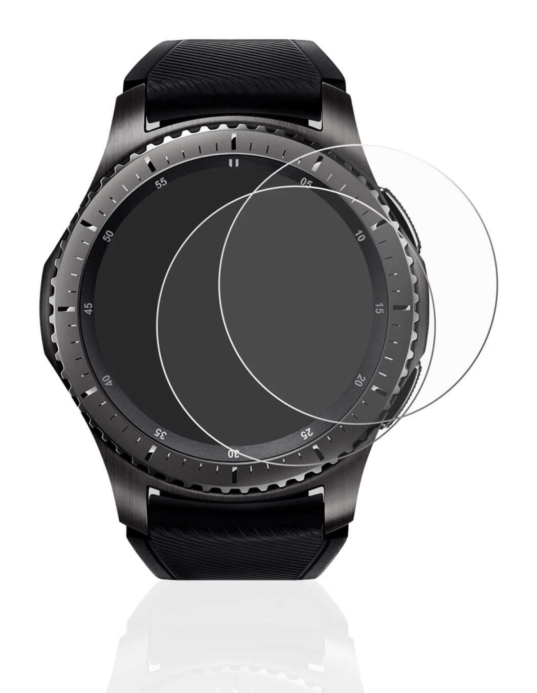 Immagine del dispositivo Samsung Gear S3 Frontier con un'ampia varietà di protezioni per lo schermo.