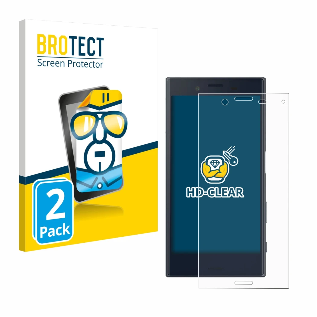 Parte frontale di una confezione del prodotto con il logo del marchio BROTECT. Accanto è raffigurato il dispositivo Sony Xperi