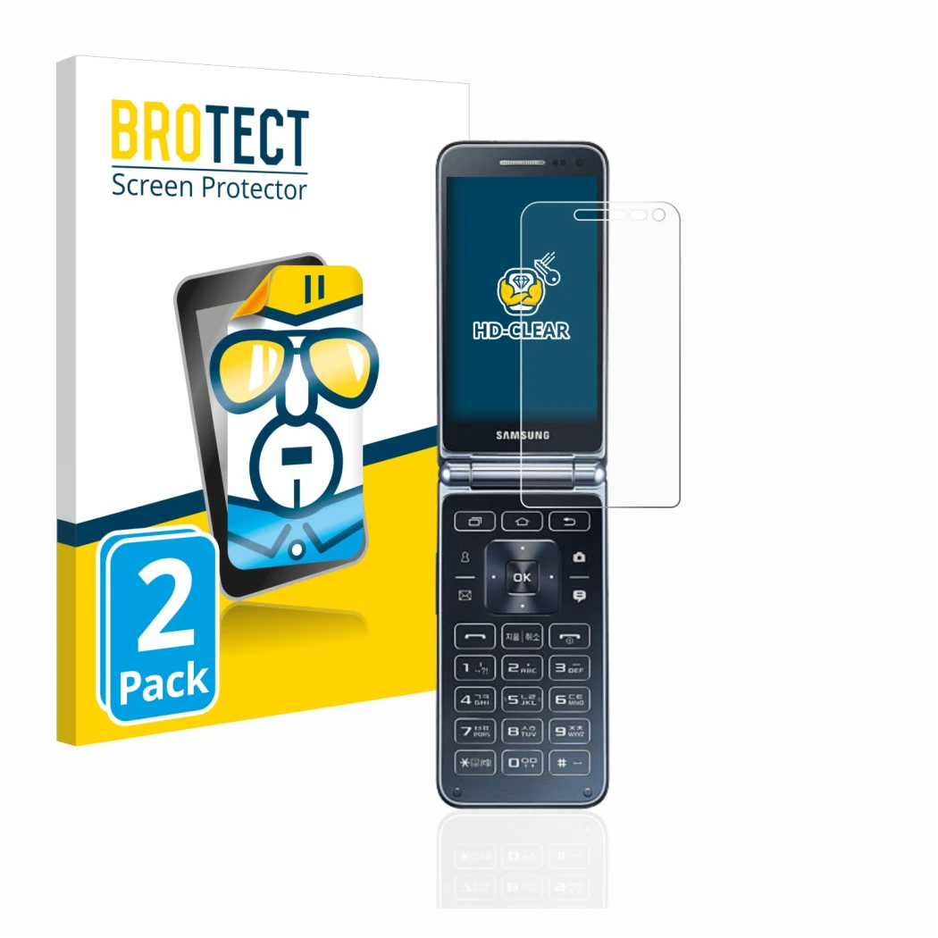 Parte frontale di una confezione del prodotto con il logo del marchio BROTECT. Accanto è raffigurato il dispositivo Samsung Ga