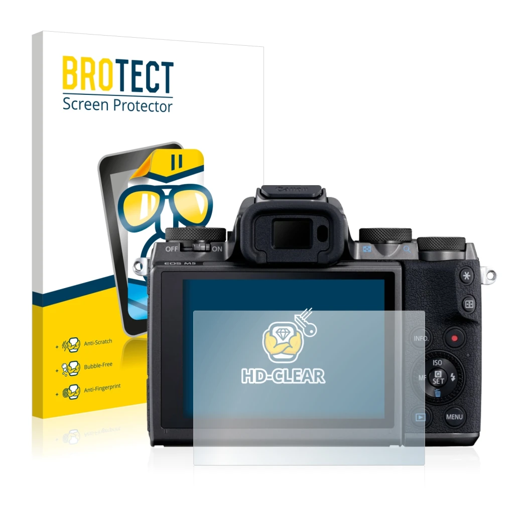 Parte frontale di una confezione del prodotto con il logo del marchio BROTECT. Accanto è raffigurato il dispositivo Canon EOS 